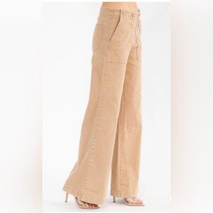 205. WOMEN'S BUTTON CLOSURE POCKETS WIDE LEG STRETCH DENIM PANTS Wide-Leg Tan